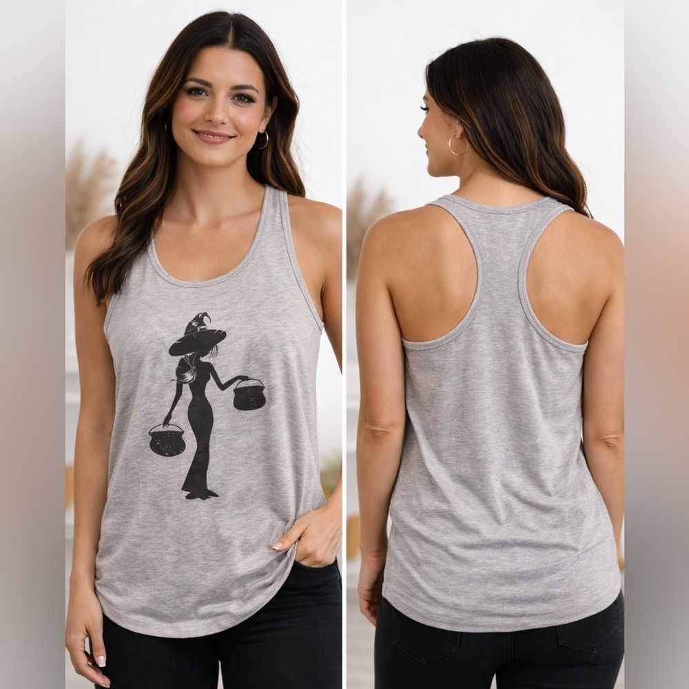 Women’s Gray witch Graphic Racerback Tank Top MEDIUM